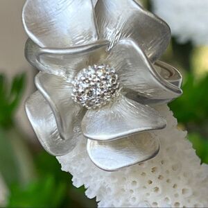 Sheila Fajl Brushed Silver Flower CZ Statement Ring SIZE 10